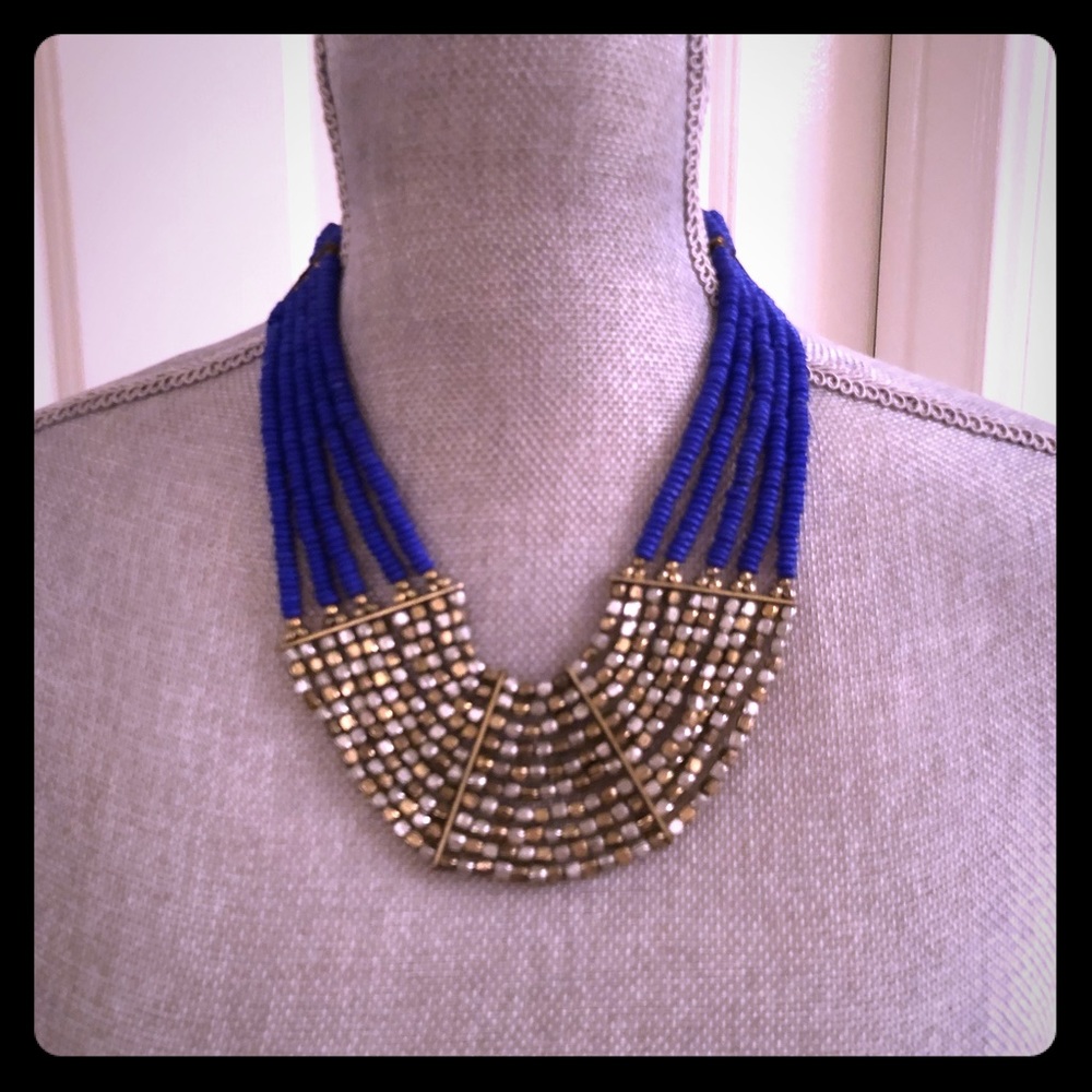 Blue and gold beaded necklace